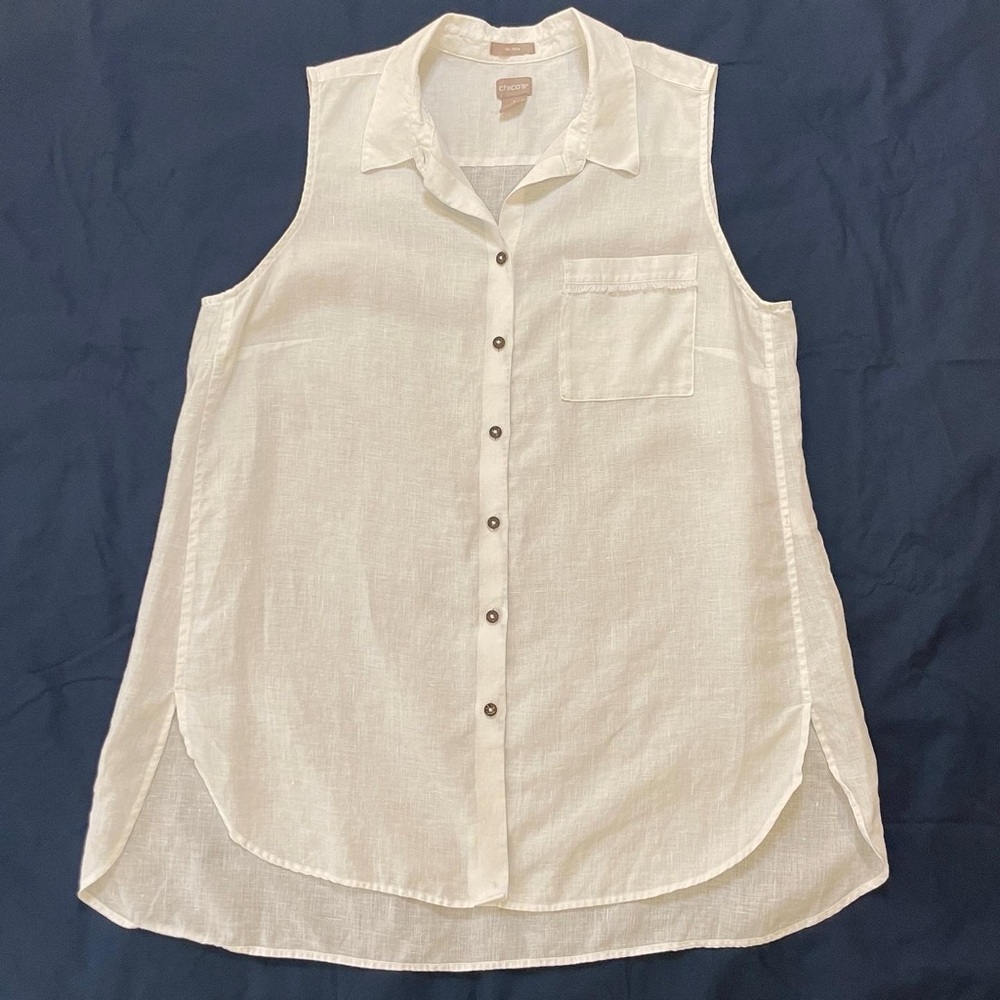 Chico's No Iron White Linen Sleeveless Button-down Blouse